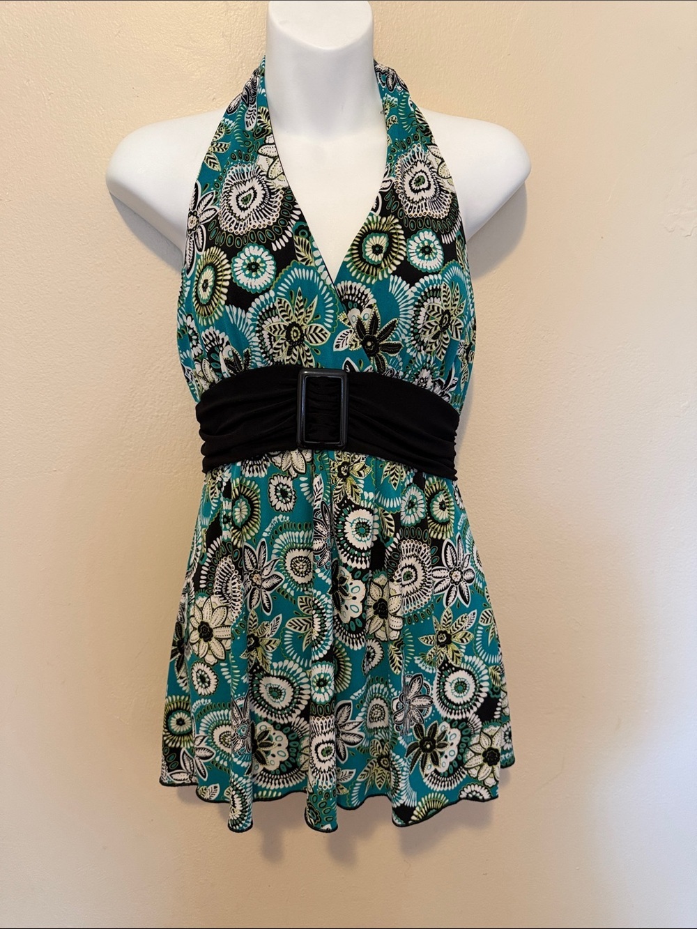 Wrapper Teal Floral Halter Top with Black Waistband